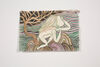 A drawing on a white wall shows a figure with long hair posed on a series of rocks and a tree to their right. The figure has no eyes and the drawing is stylised with bands of muted pastel colours in concentric rings. The figure appears to be mourning.