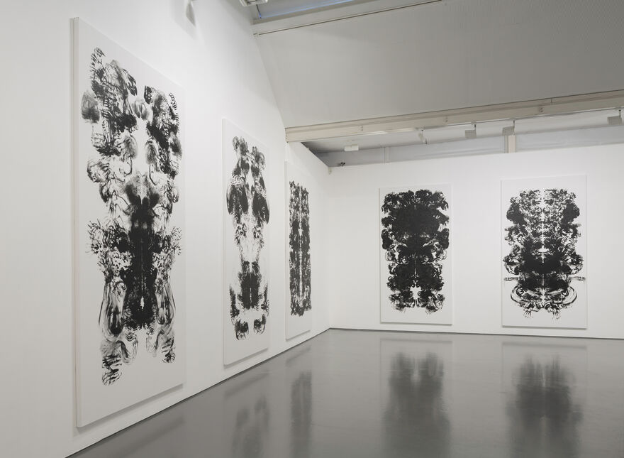 The photograph shows a 5 large drawings akin to Rorschach prints, on two white walls.