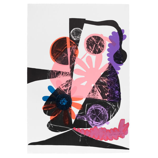 Screenprint with shapes circles and flowers in black, pink, blue, orange and purple. Pink and pirple paper pulp has been added in a cloud shape with artist signature