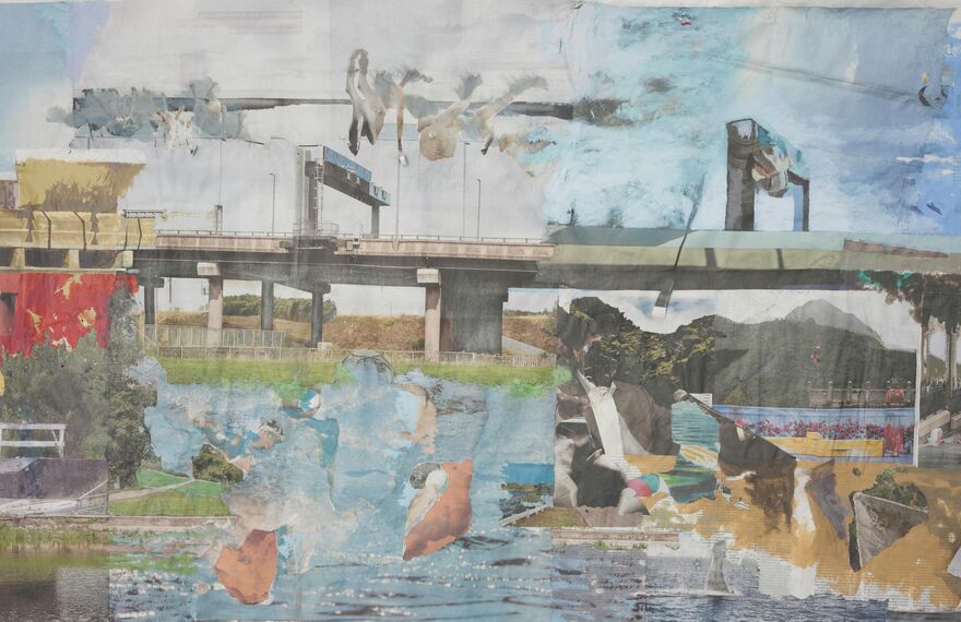 From Continue Without Losing Consciousness, a collage shows an industrial bridge crossing an expanse of blue water.